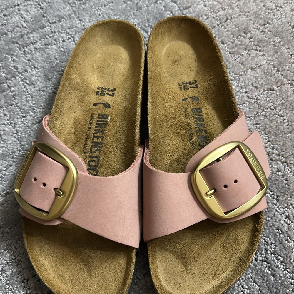 Birkenstock Blush Sandals with Metallic Buckle